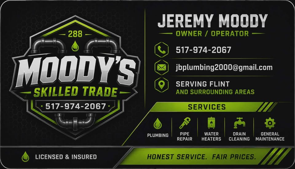 The Moody's Skilled Trade Services business card: Jeremy Moody, owner/operator, licensed and insured, honest service, fair prices